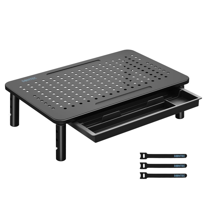 BONTEC Monitor Stand with Drawer, 3 Adjustable Heights, Desk Monitor Riser with Mesh Platform for Laptop, PC, Printer up to 20 kg - Image 1