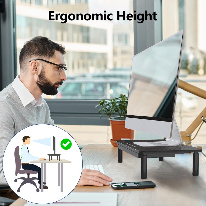 BONTEC Monitor Stand with Drawer, 3 Adjustable Heights, Desk Monitor Riser with Mesh Platform for Laptop, PC, Printer up to 20 kg - Image 2