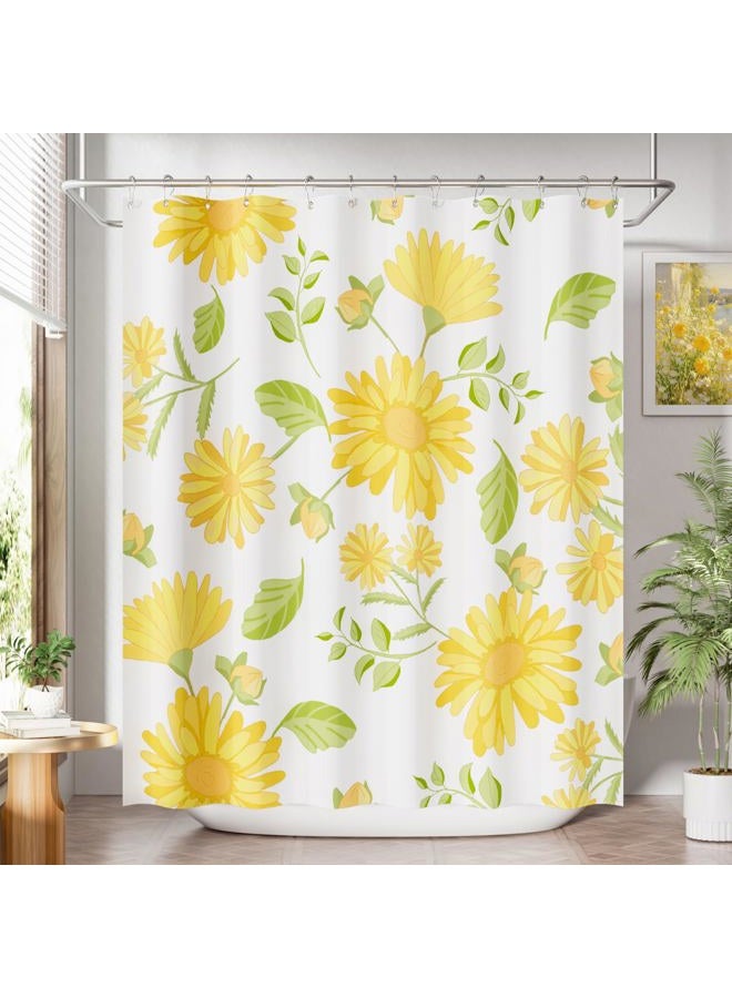 AmazerBath Floral Shower Curtain, Washable Cloth Shower Curtain Sets with 12 Shower Curtain Hooks, Fabric Rustic Yellow Gerbera Flower Eucalyptus Fall Shower Curtains for Bathroom Decor, 72x72 Inches - Image 1