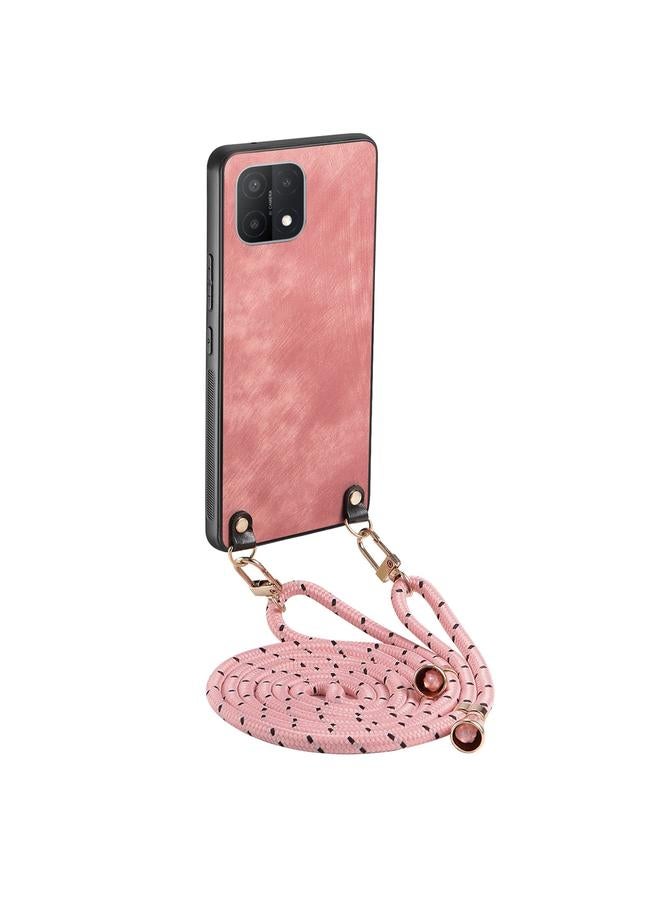 erorex For OPPO A15 Vintage Leather PC Back Cover Phone Case with Crossbody Strap(Pink)