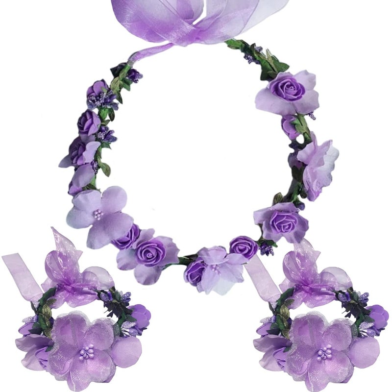 WLBON 3 Pcs Flower Headband Wristbands Rose Floral Leaf Hair Hoops Bands Headpiece Hairband Bracelets Women Xmas Wedding Halloween Parade Hawaiian Cosplay Dress Up Birthday Party Accessories Purple