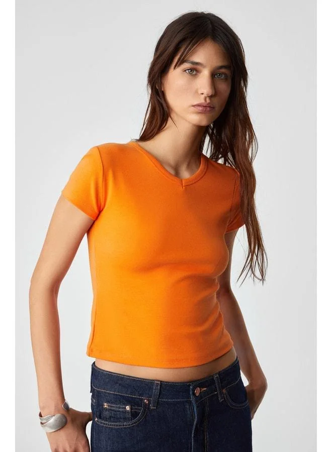 Ethiquet MASROUTI Women's Slim Short V-Neck Short Sleeve Orange T-Shirt.