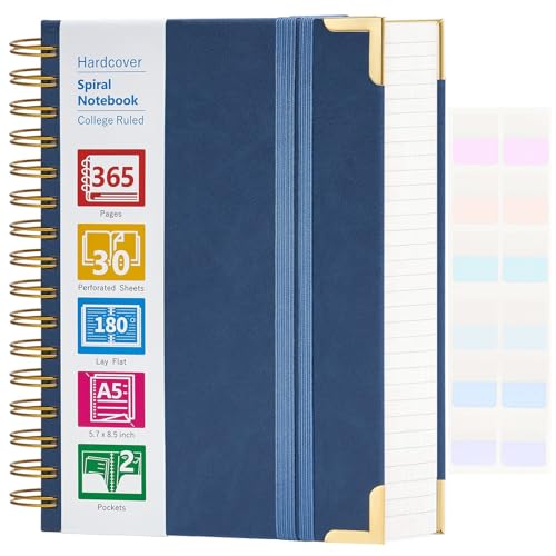 Amanple Spiral Notebook, 365 Page Hardcover Leather Notebook Journal, Large A5 Lined Journal for Women Men, College Ruled Notebooks for Work School, Journals for Writing, 24pcs Index Tabs, 5.5" x 8.5", Blue - Image 1
