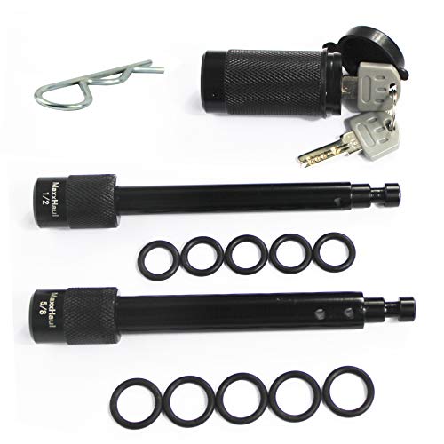 MaxxHaul 50151 Trailer Hitch Lock Pin Set 5/8 and 1/2 Inch with Locking System Anti-Rattle for 1-1/4" and 2" Class I,II,III,IV,V Hitches - Black Finish - Image 1