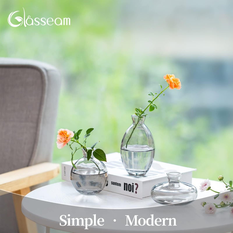 Glasseam Glasseam Gray Glass Bud Vase  3Pcs/Set Modern Decorative Small Mini Flowers Vases Short Minimalist Aesthetic Home Decor Vintage Cute Handmade Tiny Wedding Table Centerpieces for Single Flower Rose - Image 2