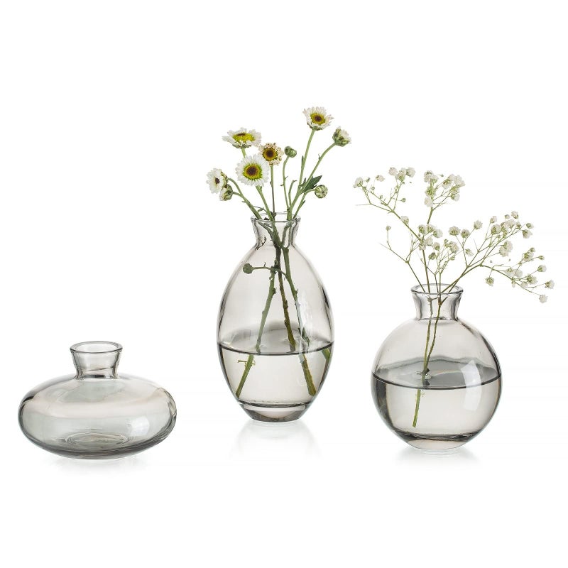 Glasseam Glasseam Gray Glass Bud Vase  3Pcs/Set Modern Decorative Small Mini Flowers Vases Short Minimalist Aesthetic Home Decor Vintage Cute Handmade Tiny Wedding Table Centerpieces for Single Flower Rose - Image 1
