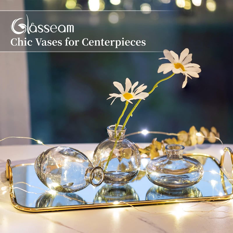 Glasseam Glasseam Gray Glass Bud Vase  3Pcs/Set Modern Decorative Small Mini Flowers Vases Short Minimalist Aesthetic Home Decor Vintage Cute Handmade Tiny Wedding Table Centerpieces for Single Flower Rose - Image 3