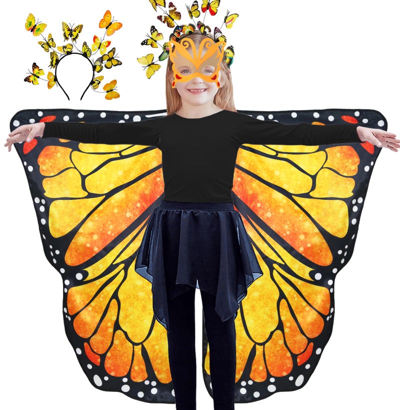 D.Q.Z Double-Sided Fairy Butterfly-Wings Costume for Girls Kids Dress-Up Halloween Costumes Mask Headband as Gifts (Orange) - Image 1