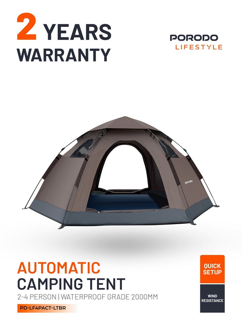 porodo Automatic Camping Tent  with 4 Person Camping Tent, Waterproof & Windproof Tent for Camping, Easy Set-Up Tent, Lightweight, Mesh Window Ventilation, for Backpacking, Hiking, Beach, Backyard - Light Brown - Image 1