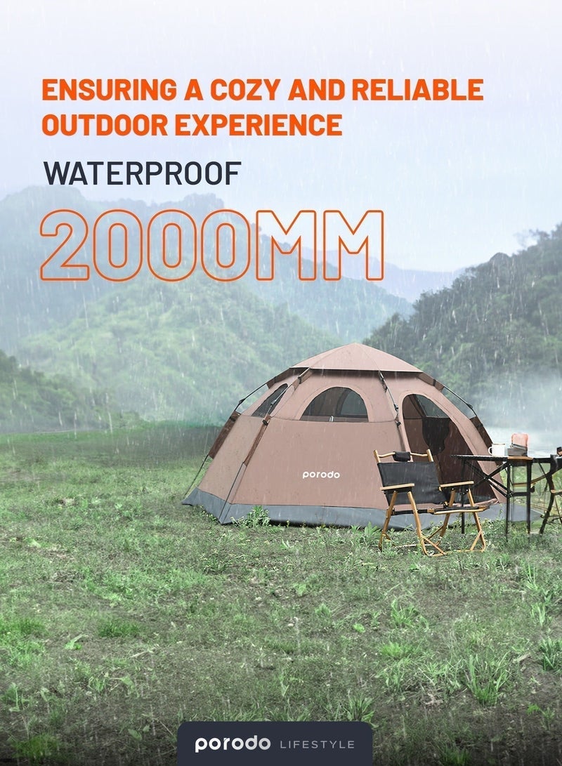 porodo Automatic Camping Tent  with 4 Person Camping Tent, Waterproof & Windproof Tent for Camping, Easy Set-Up Tent, Lightweight, Mesh Window Ventilation, for Backpacking, Hiking, Beach, Backyard - Light Brown - Image 5