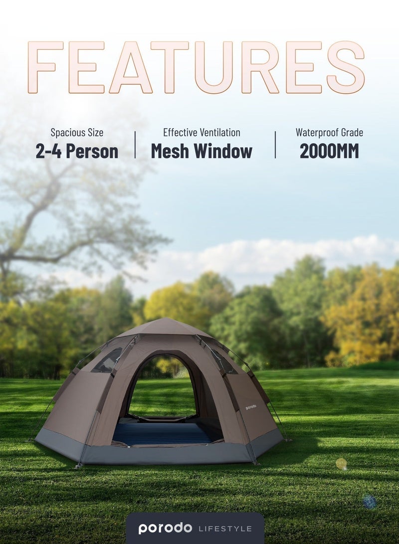 porodo Automatic Camping Tent  with 4 Person Camping Tent, Waterproof & Windproof Tent for Camping, Easy Set-Up Tent, Lightweight, Mesh Window Ventilation, for Backpacking, Hiking, Beach, Backyard - Light Brown - Image 2