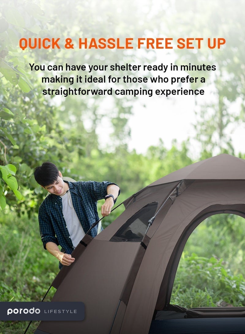 porodo Automatic Camping Tent  with 4 Person Camping Tent, Waterproof & Windproof Tent for Camping, Easy Set-Up Tent, Lightweight, Mesh Window Ventilation, for Backpacking, Hiking, Beach, Backyard - Light Brown - Image 4