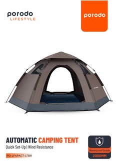 porodo Lifestyle 4-Person Easy Pop-Up Automatic Camping Tent / Wind Resistant / Effective Ventilation & Mesh Window / Automatic Pop Up /  - Light Brown  - Image 1