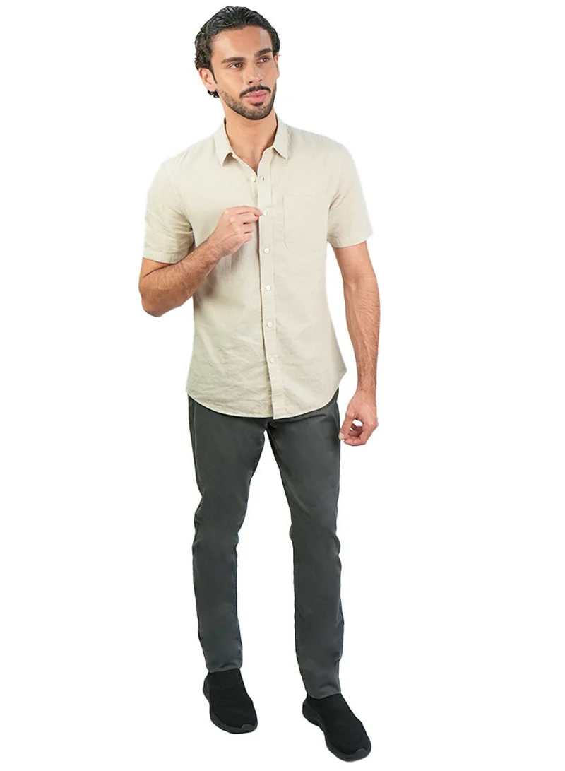 GIORDANO Men's Slim Linen Cotton Short-Sleeve Shirt