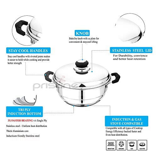 Pristine Stainless Steel Tri Ply Induction Base Multi Purpose Kadai (20cm) with Steel Lid and 2 Idli Plates, 2 Dhokla Plates, 1 Patra Plate, Pack, Silver - Image 3