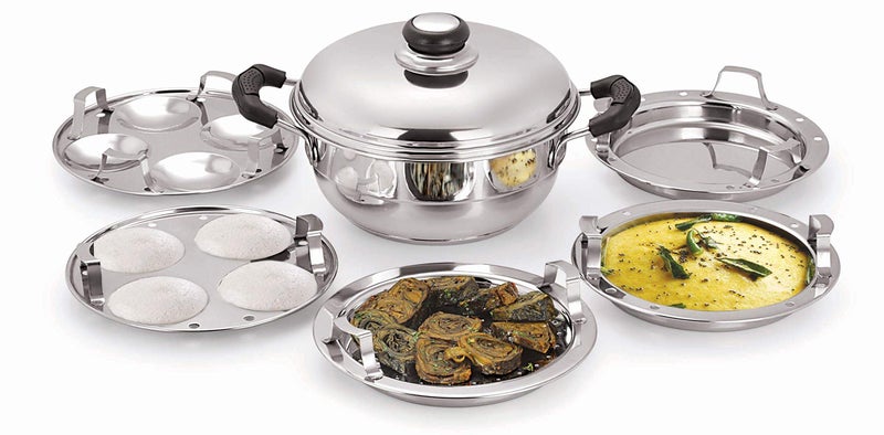 Pristine Stainless Steel Tri Ply Induction Base Multi Purpose Kadai (20cm) with Steel Lid and 2 Idli Plates, 2 Dhokla Plates, 1 Patra Plate, Pack, Silver - Image 5