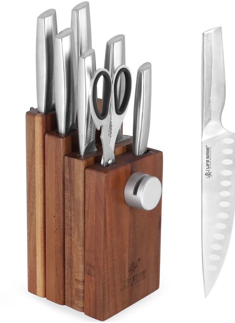LIFE SMILE Kitchen Knife Set With Wooden Magnetic Detachable Stand - 9 Pieces High Carbon Stainless Steel Block Set with Sharpener - Ergonomic Anti Slip fixed Handle, Ultra Sharp Non Stick Blade