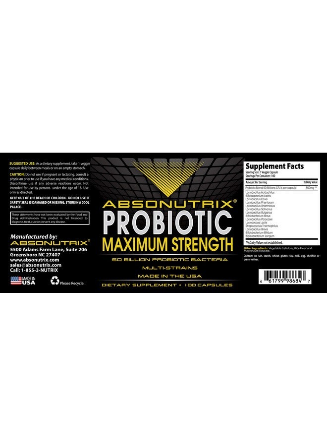 Absonutrix Probiotic Maximum Strength 50 Billion Per Capsule Multi-Strain 100 Capsules - Image 4