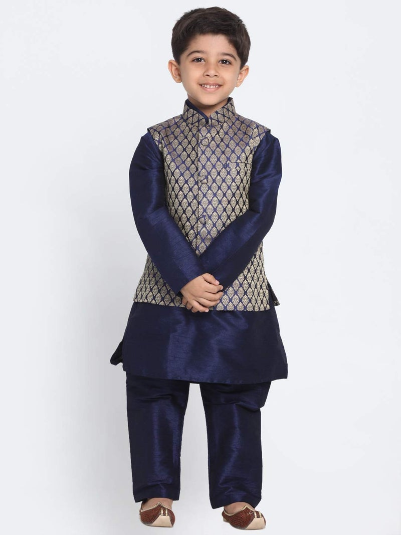 JBN Creation Boys Silk Blend Navy Blue and Gold Kurta Pyjama Jacket Set - Ethnic for Festivals_VASnBJ005BUnBKNB001nPNB_22 - Image 2