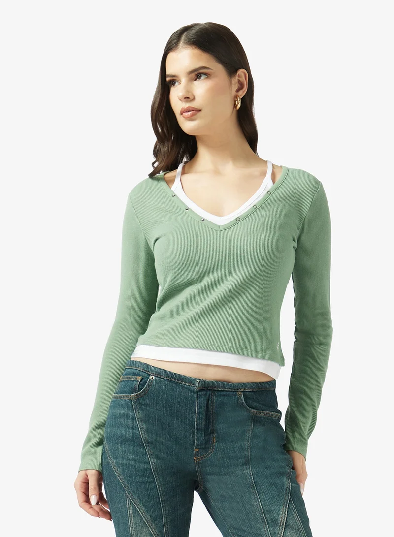 جيس جينز بلوزة بأكمام طويلة وطبقات من قماش الوافل