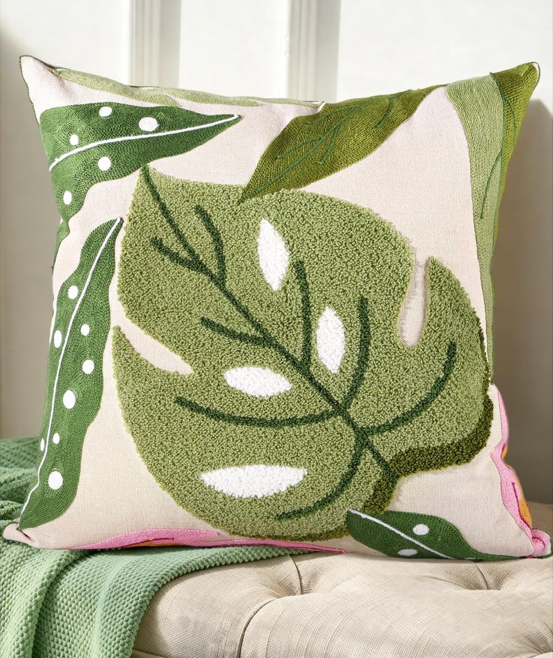 Kokaaee Embroidered Throw Pillow Cover 18x18 Decorative Pillow Cover with Zipper Aesthetic Cute Design Boho Spring Summer Throw Pillowcase for Living Room Couch Sofa Bed Monstera Leaves - Image 2