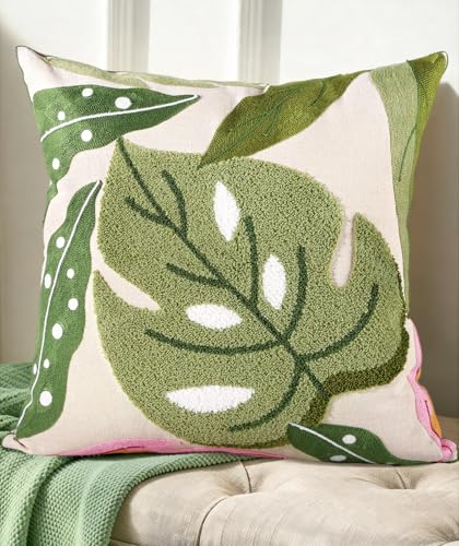 Kokaaee Embroidered Throw Pillow Cover 18x18 Decorative Pillow Cover with Zipper Aesthetic Cute Design Boho Spring Summer Throw Pillowcase for Living Room Couch Sofa Bed Monstera Leaves - Image 1