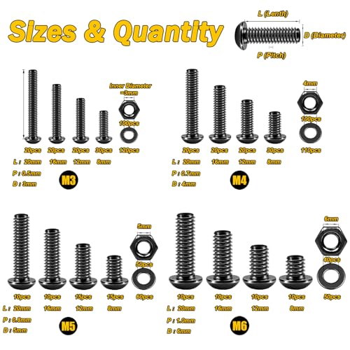 Mywish 900Pcs Metric Screw Assortment Kit, M3 M4 M5 M6 Bolts Nuts & Flat Washers, Grade 10.9 Alloy Steel Hex Socket Head Screws, Wrenches, Fully Threaded, Black Nuts and Bolts Assortment Kit - Image 4