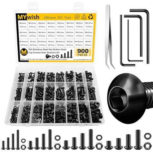 Mywish 900Pcs Metric Screw Assortment Kit, M3 M4 M5 M6 Bolts Nuts & Flat Washers, Grade 10.9 Alloy Steel Hex Socket Head Screws, Wrenches, Fully Threaded, Black Nuts and Bolts Assortment Kit - Image 1
