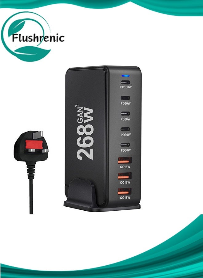 فلوشرينيك شاحن USB متعدد ، 268W USB C شاحن سريع 8Port USB C Plug ، محطة شحن USB المحمولة ونوع C ، محول شريط الطاقة لشاحن الجدار متوافق مع iPhone / iPad / Airpods / Samsung / Huawei - Image 1