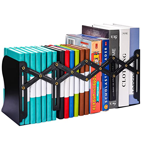 OMEYA Adjustable Bookends, Metal Book Ends for Heavy Book, 2 Dividers, Nonslip Book Stander for Desk, Shelf, Office, Stationery Gift, Extends up to 19 inches (Black) - Image 1