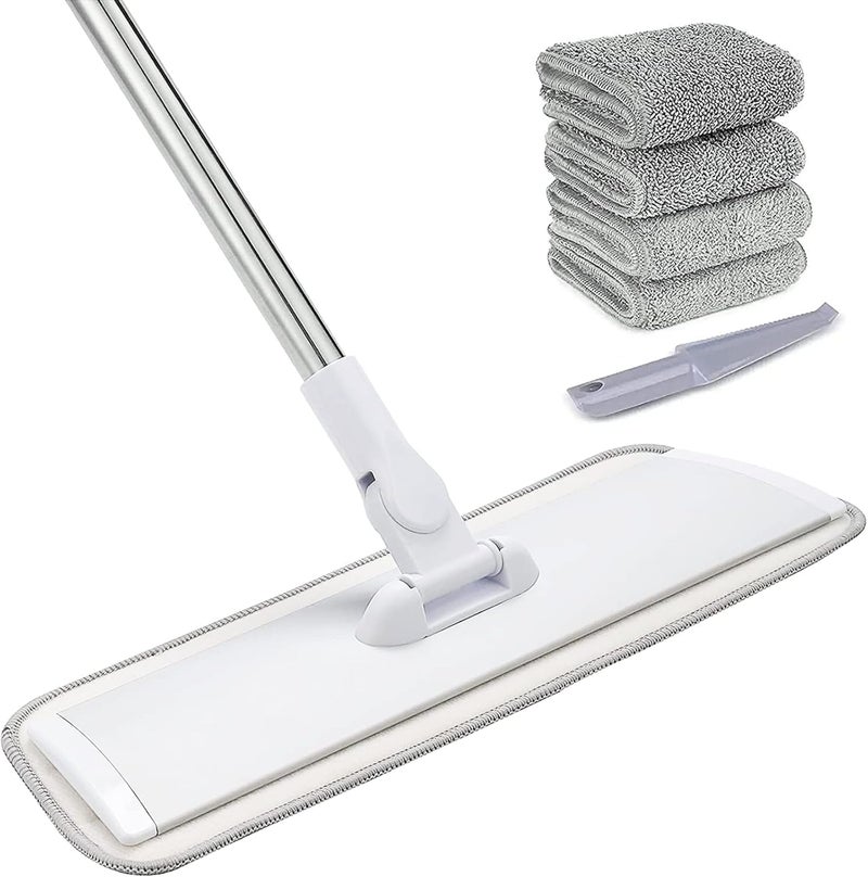 Conliwell 18" Professional Microfiber Mop Floor Cleaning System, Flat Mops with Stainless Steel Handle, 4 Reusable Washable Mop Pads, Wet and Dust Mopping for Hardwood, Vinyl, Laminate, Tile Cleaning (White) - Image 1