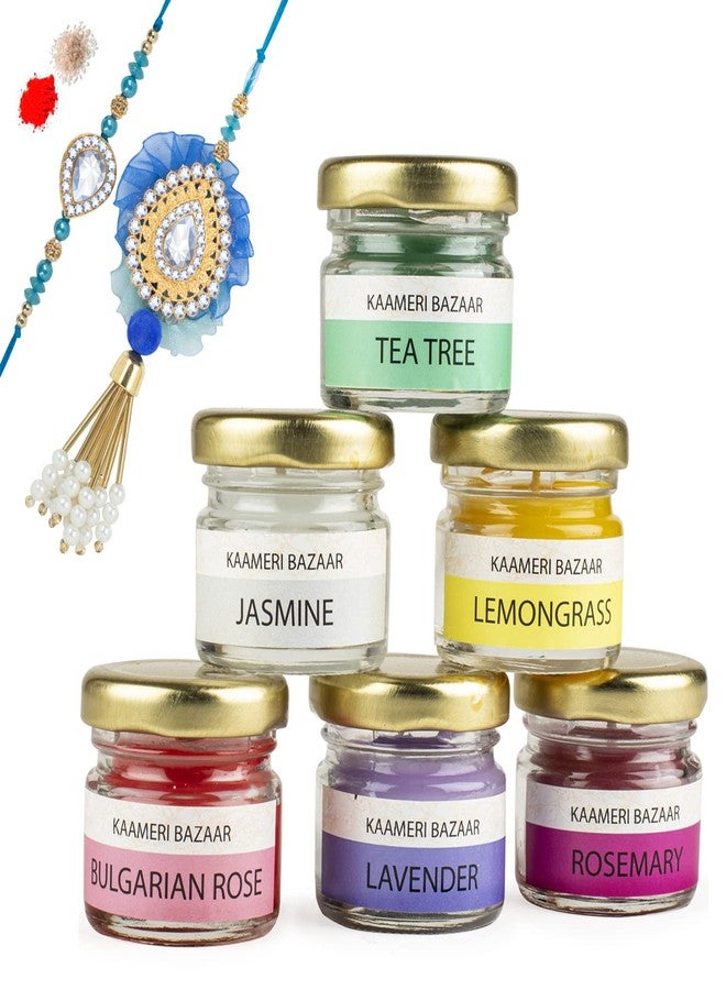 Kaameri Bazaar Scented Candles - Set of 6 jar Candle with Rakhi for Brother and bhabhi lumba, roli chawal and Greeting Card - Rakhi Gift for Brother and bhabhi - Image 1