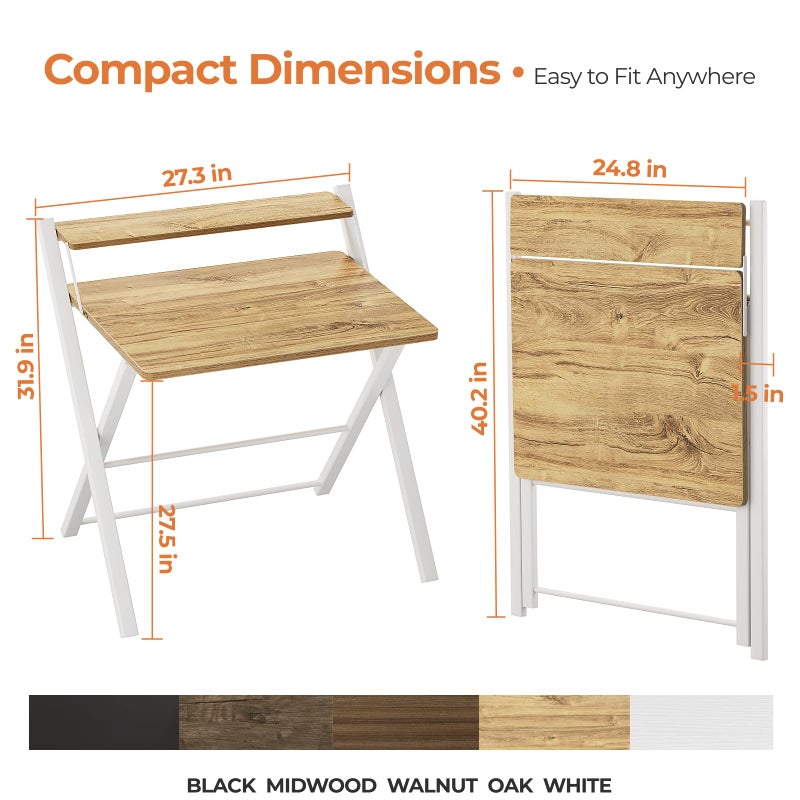 GreenForest Portable Small Desk No Assembly, 2-Tier Compact Computer Desk with Shelf, Space Saving Foldable Table for Home Office, Bedroom or Apartment, Portable Collapsible Sturdy Laptop Desk, Oak - Image 2
