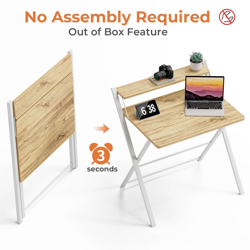 GreenForest Portable Small Desk No Assembly, 2-Tier Compact Computer Desk with Shelf, Space Saving Foldable Table for Home Office, Bedroom or Apartment, Portable Collapsible Sturdy Laptop Desk, Oak - Image 3