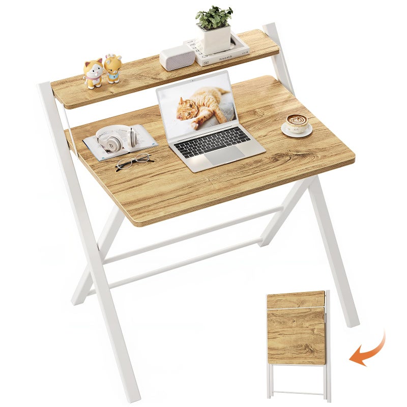 GreenForest Portable Small Desk No Assembly, 2-Tier Compact Computer Desk with Shelf, Space Saving Foldable Table for Home Office, Bedroom or Apartment, Portable Collapsible Sturdy Laptop Desk, Oak - Image 1
