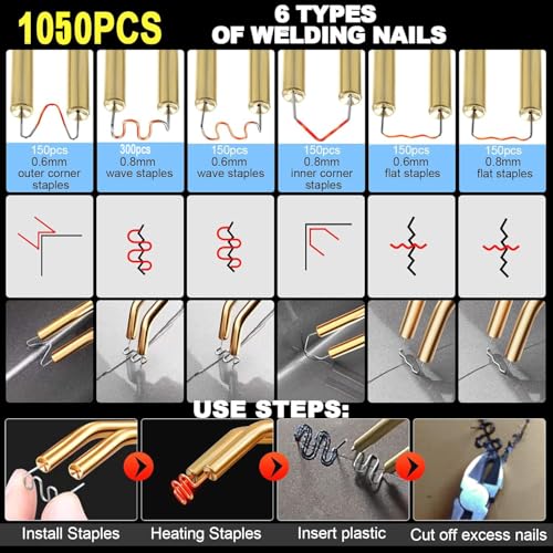 Miotorio Plastic Welding Machine Car Bumper Repair Kit,Hot Stapler Plastic Repair Welder Soldering Kit,6Types 1050 Staples,Hot Staple Gun Plastic Welder&Flat/Outside Corner/Inside Corner/Wave Staples - Image 3