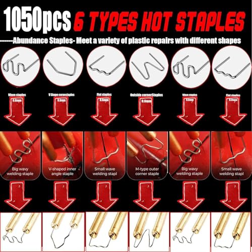 Miotorio Plastic Welding Machine Car Bumper Repair Kit,Hot Stapler Plastic Repair Welder Soldering Kit,6Types 1050 Staples,Hot Staple Gun Plastic Welder&Flat/Outside Corner/Inside Corner/Wave Staples - Image 4