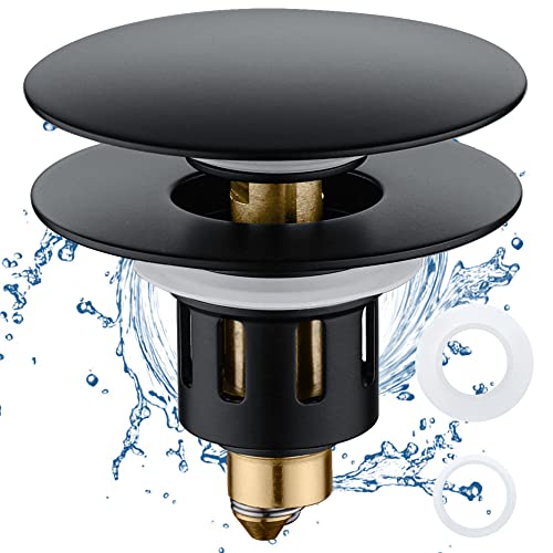 TIORIY Universal Bathroom Sink Stopper Replacement - for 1.25 Inch Stopper with Hair Catcher, Bounce Core Push-Type, Stainless Steel Sink Drain Stopper Assembly with Strainer, Matte Black - Image 1