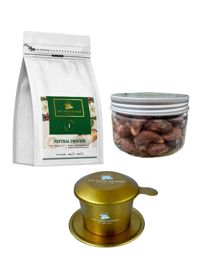 The Caphe Vietnam Combo - Natural Process Whole Bean Coffee 500g | Premium Roasted Cashews 180g | Phin Filter Rose Gold - Pack Of 3  - Image 1