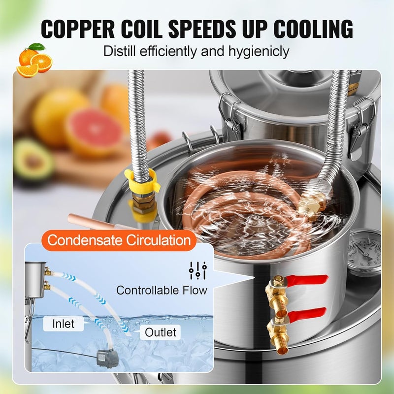 VEVOR Alcohol Still with Thumper Keg, 5Gal / 19L Alcohol Distiller, Distillery Kit for Alcohol with Copper Tube, Build-in Thermometer & Water Pump for Wine Whisky Brandy - Image 5