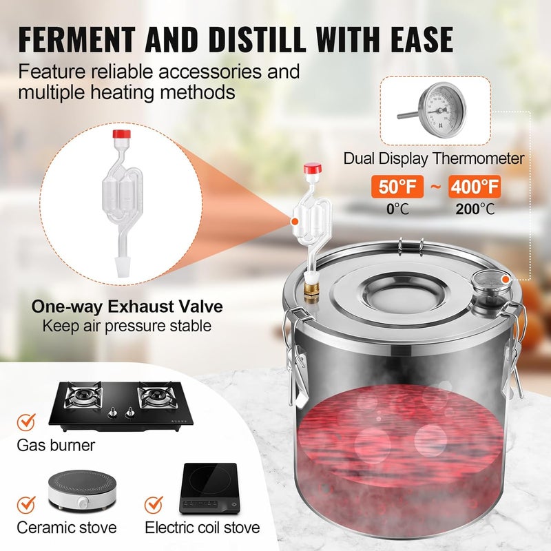 VEVOR Alcohol Still with Thumper Keg, 5Gal / 19L Alcohol Distiller, Distillery Kit for Alcohol with Copper Tube, Build-in Thermometer & Water Pump for Wine Whisky Brandy - Image 3