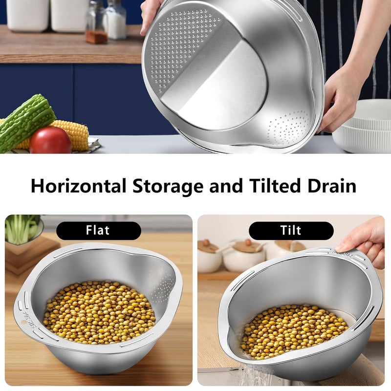 SohoTeco Rice Washing Bowls Set of 2 Rice Rinser Strainer 4in1 Stainless Steel Colander Versatile Colanders Strainers for Washing Vegetables Fruits Beans Pasta - Image 4