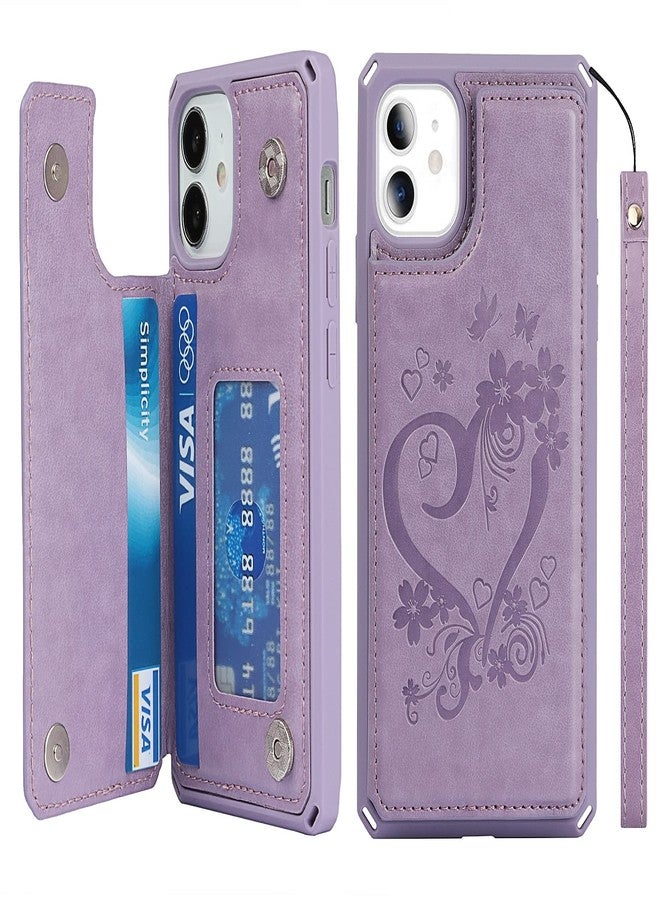 آي كوفر كايس جراب iCoverCase متوافق مع هاتف iPhone 12 Mini، جراب محفظة مع حامل بطاقات للنساء، جراب من الجلد الصناعي PU منقوش مانع لتقنية RFID مع حزام معصم، مقاس 5.4 بوصة (لون بنفسجي على شكل قلب) - Image 1