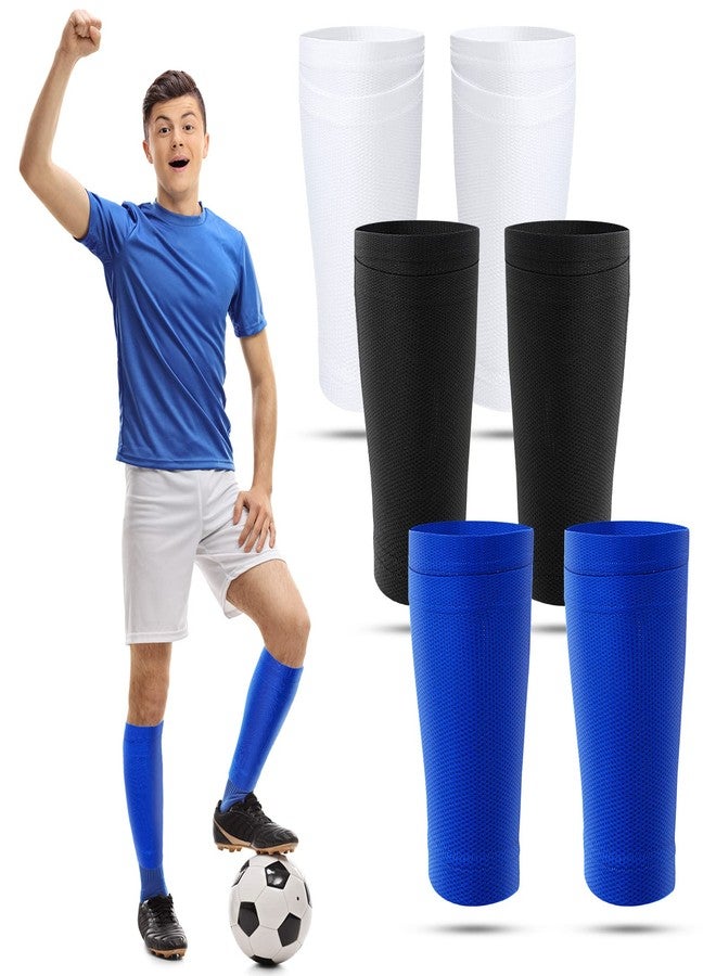 Boyiee 3 Pairs Kids Shin Guard Sleeves Youth Soccer Shin Guard Socks Breathable Calf Covers Holders Soccer Socks with Pockets(White, Black, Blue,Medium) - Image 1