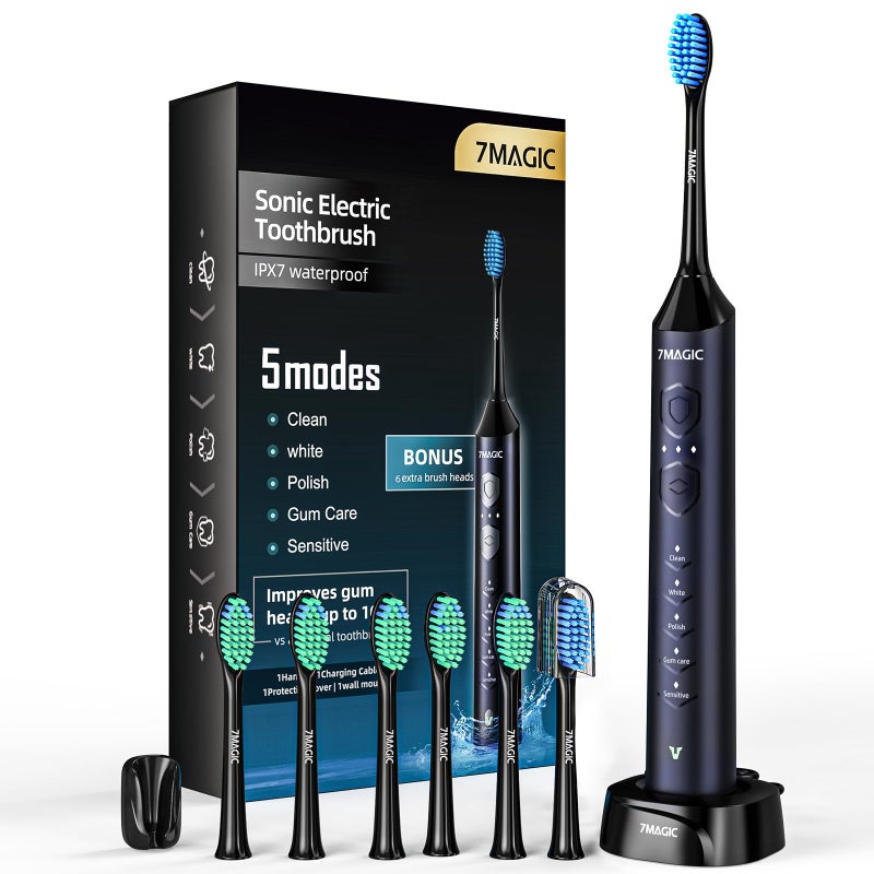 7MAGIC Electric Toothbrush for Adults Sonic Electric Toothbrush with 3 Intensity Levels 5 Modes One Charge for 60 Days Rechargeable Toothbrush with 6 Toothbrush Heads 40000 VPM Deep CleanBlue