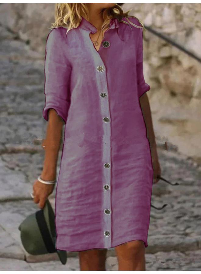 New European And American Women's Clothing Spring And Summer Shirt Collar Mid-sleeve Large Round Buckle Cotton And Linen Dress