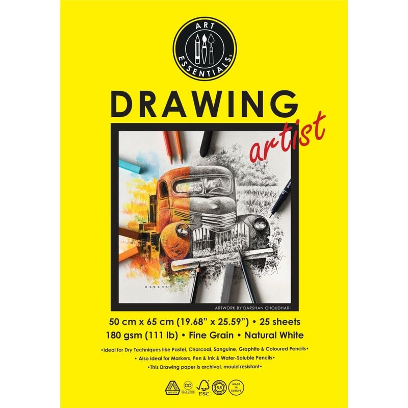 Art Essentials ورق فني أساسي للرسم 50x65 سم أبيض طبيعي حبيبات ناعمة 180 جرام 25 ورقة حزمة ورق خالي من الحمض للرسم والتلوين باستخدام قلم الرصاص والفحم والجرافيت والطباشير وزيت الباستيل والشمع - Image 3
