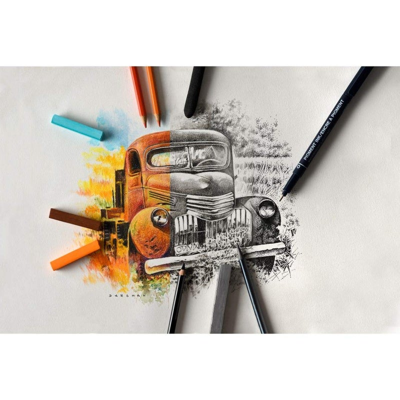 Art Essentials ورق فني أساسي للرسم 50x65 سم أبيض طبيعي حبيبات ناعمة 180 جرام 25 ورقة حزمة ورق خالي من الحمض للرسم والتلوين باستخدام قلم الرصاص والفحم والجرافيت والطباشير وزيت الباستيل والشمع - Image 2