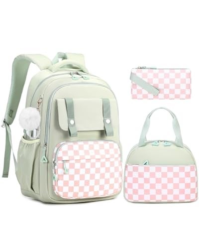 Amythe Girls Backpack with Lunch Box 3Pcs, Waterproof School Bag Set for Teen Elementary Middle School, Multi-Pocket Laptop Bookbag Lightweight, Green - Image 1