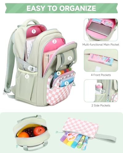 Amythe Girls Backpack with Lunch Box 3Pcs, Waterproof School Bag Set for Teen Elementary Middle School, Multi-Pocket Laptop Bookbag Lightweight, Green - Image 3
